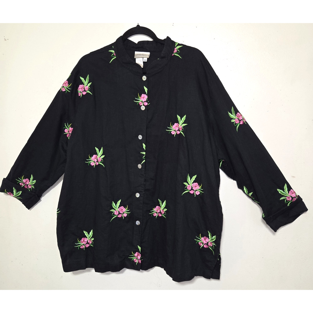 Coldwater Creek Womens Top 3X Black Blouse Embroidered Pink Floral Linen Blend